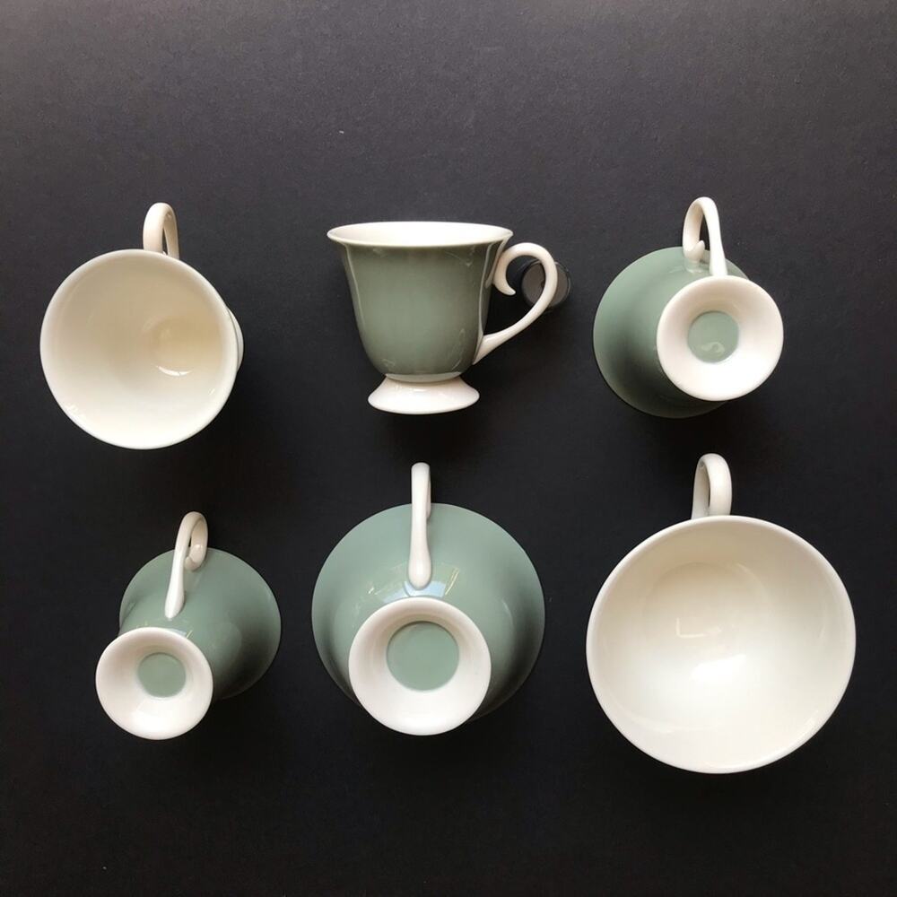 Collection of Vintage Teacups, Two Large, Four Petite, Green and Cream Colored